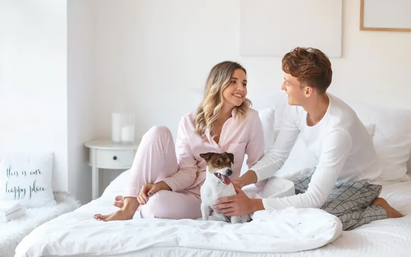 Casal sorrindo no quarto