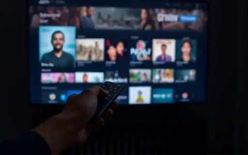 Mão com controle navegando em interface de TV