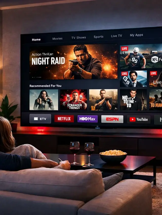 Sala de estar com televisão grande e iluminação suave