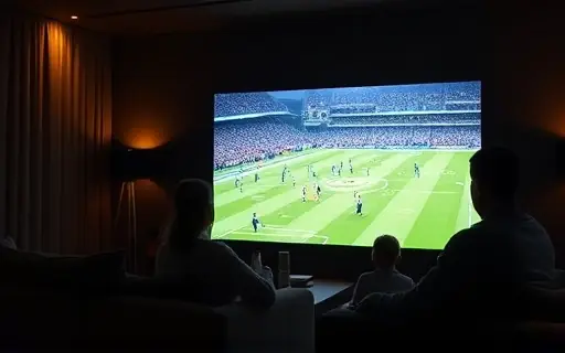 Sala escura com partida de futebol na televisão
