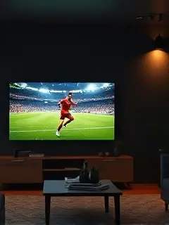 Sala escura com partida de futebol na televisão